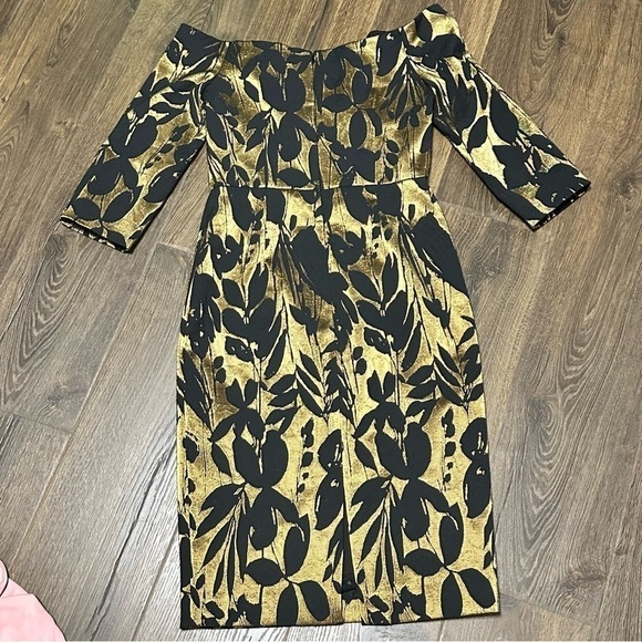 Trina Turk Sumire Off The Shoulder Jacquard Sheath Dress Black Gold size 6 - Picture 9 of 13